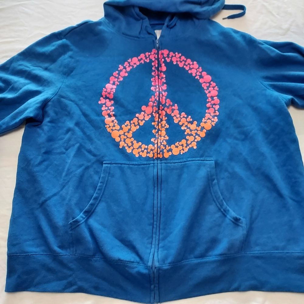 Vtg Disney Womens 2X Blue‎ Mickey Mouse Peace Sign Full Zip Hoodie Sweatshirt